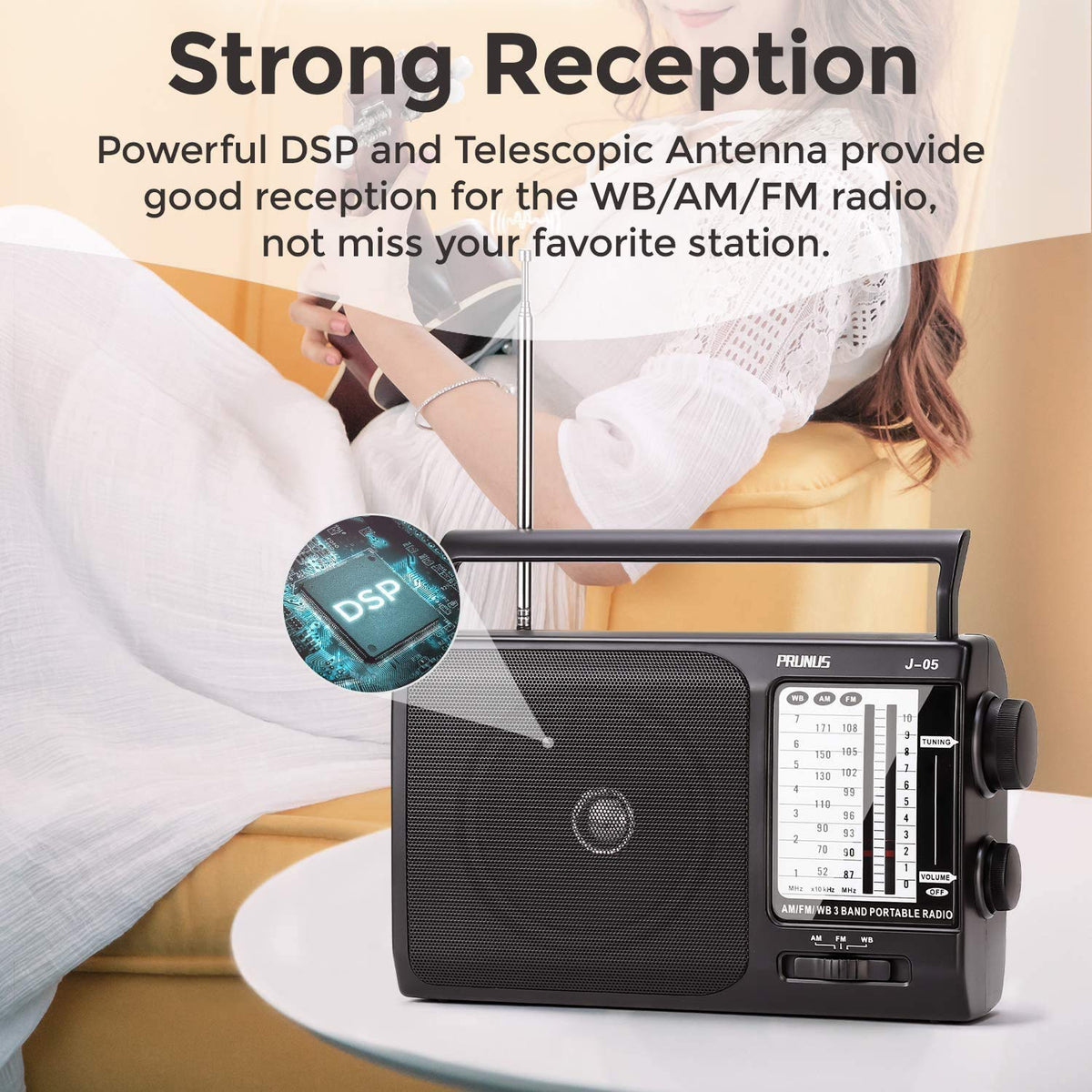 PRUNUS emergency radio shown with built-in speaker for room-filling sound.