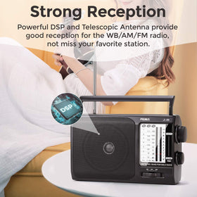 PRUNUS emergency radio shown with built-in speaker for room-filling sound.