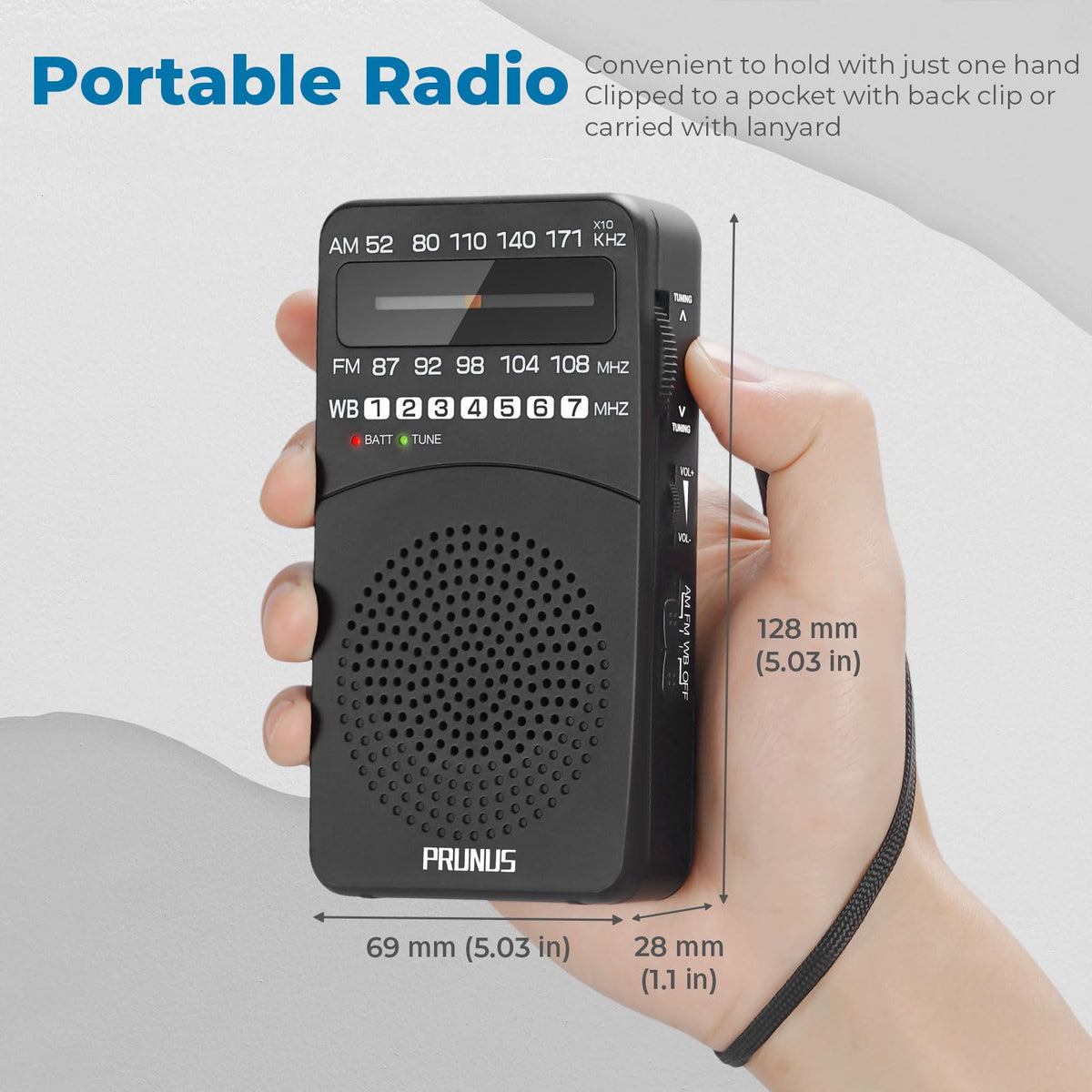 PRUNUS NOAA Weather Radio tuning steps showing simple two-step operation