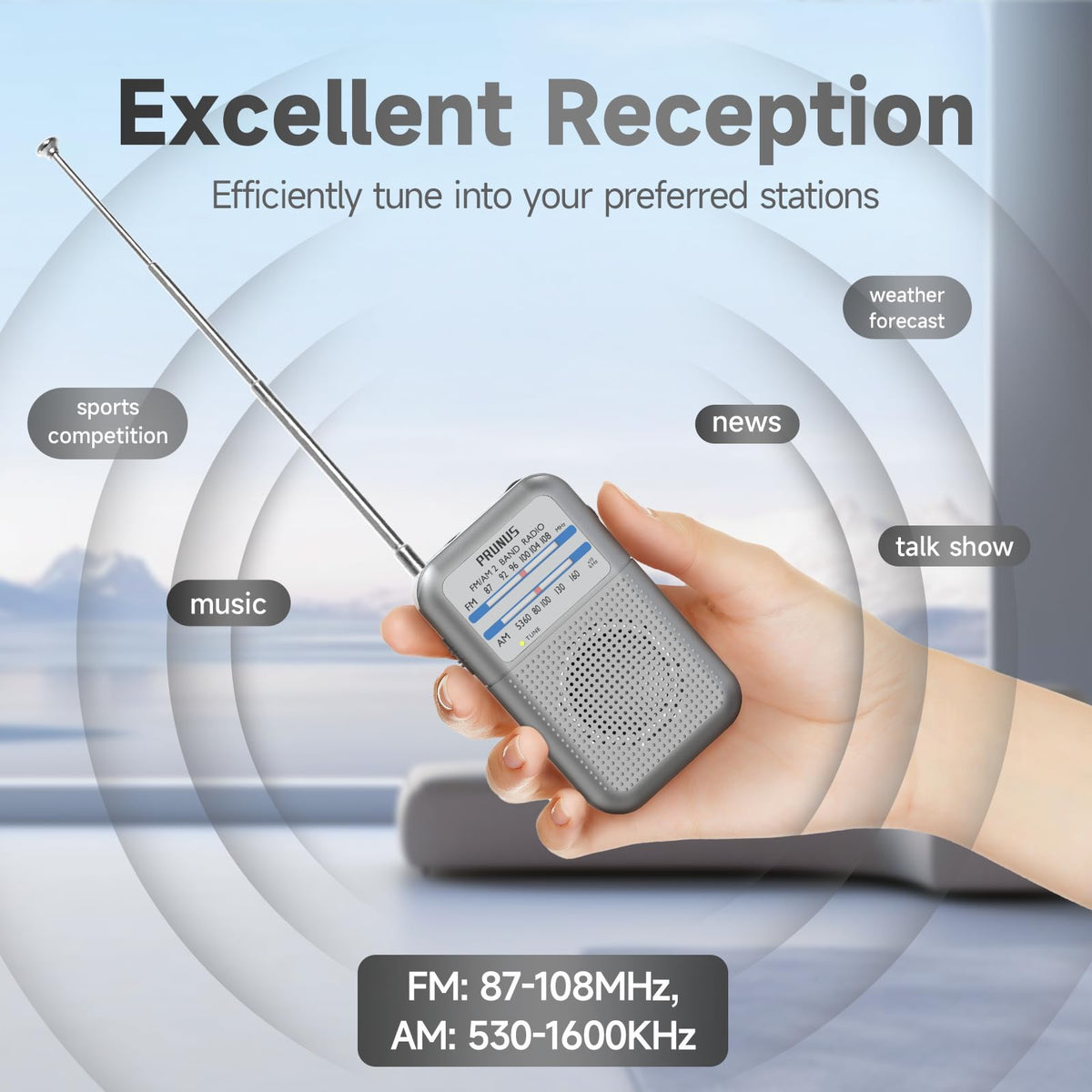PRUNUS pocket radio shows retractable antenna enhancing reception on the go