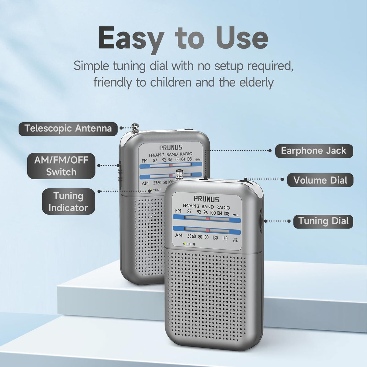 PRUNUS pocket radio tuning indicator helps locate clear stations quickly