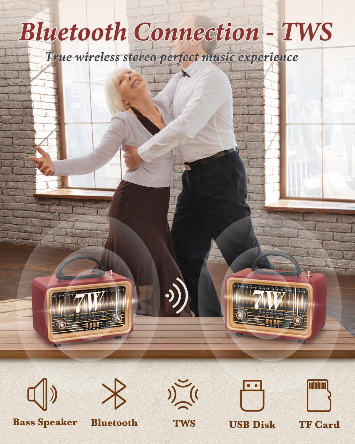 PRUNUS retro radio with Bluetooth connection for seamless wireless music playback.