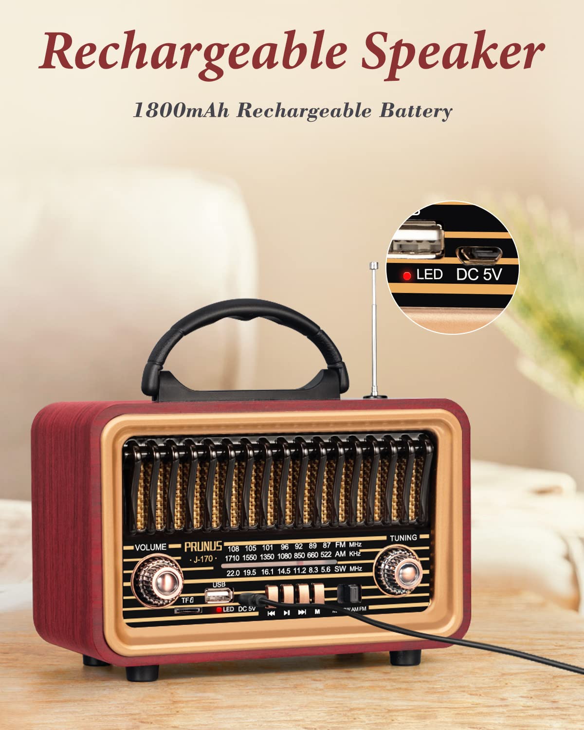 PRUNUS retro radio wood-grain design complements vintage decor elegantly.