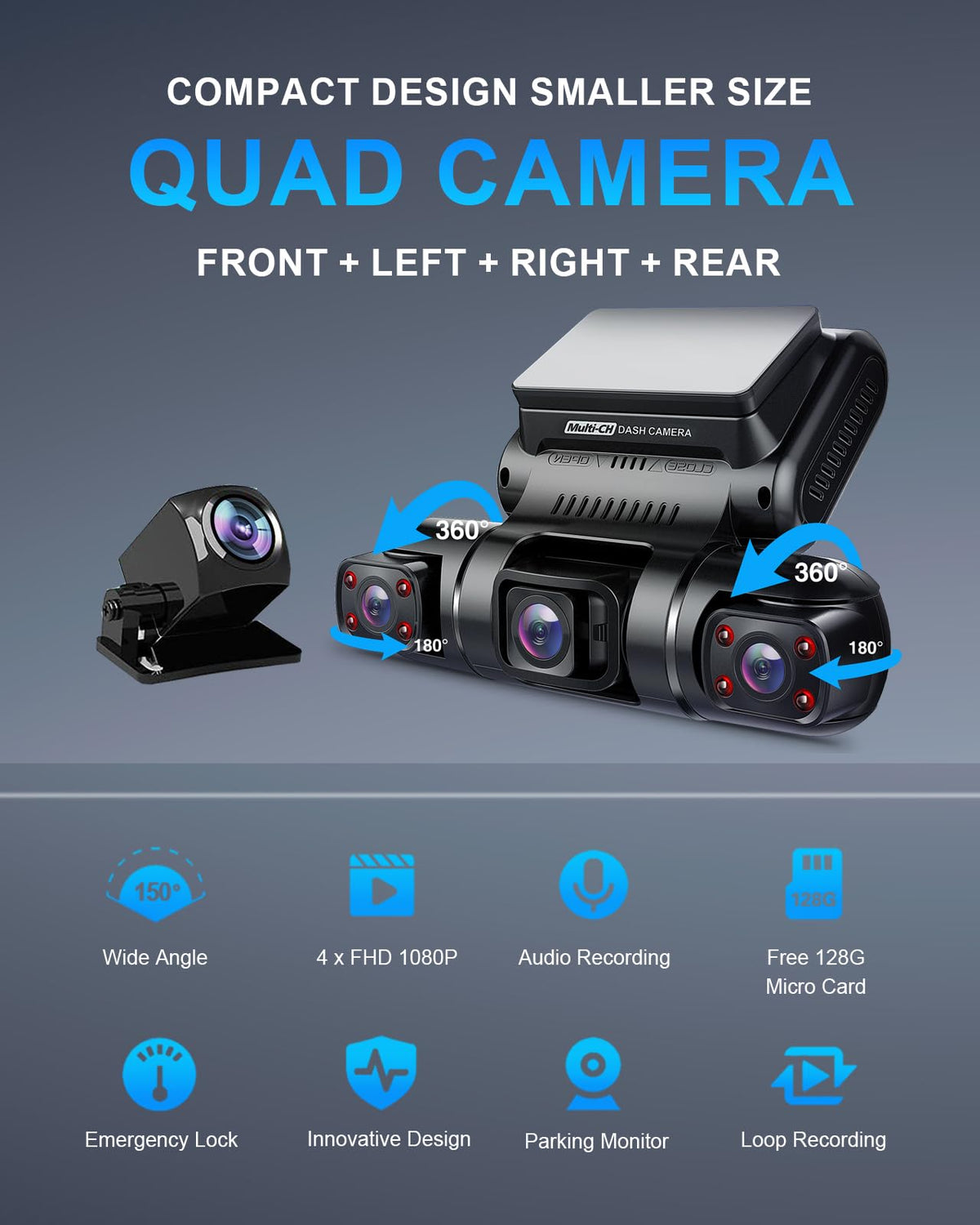 PRUVEEO 360° rear camera view for full vehicle protection and night footage.