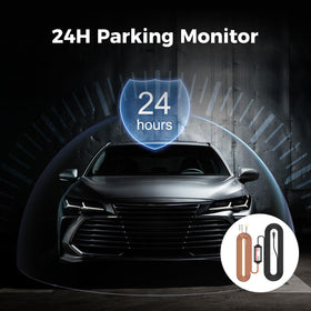 PRUVEEO hardwire kit powering a dash cam in a car demonstrating 24/7 monitoring