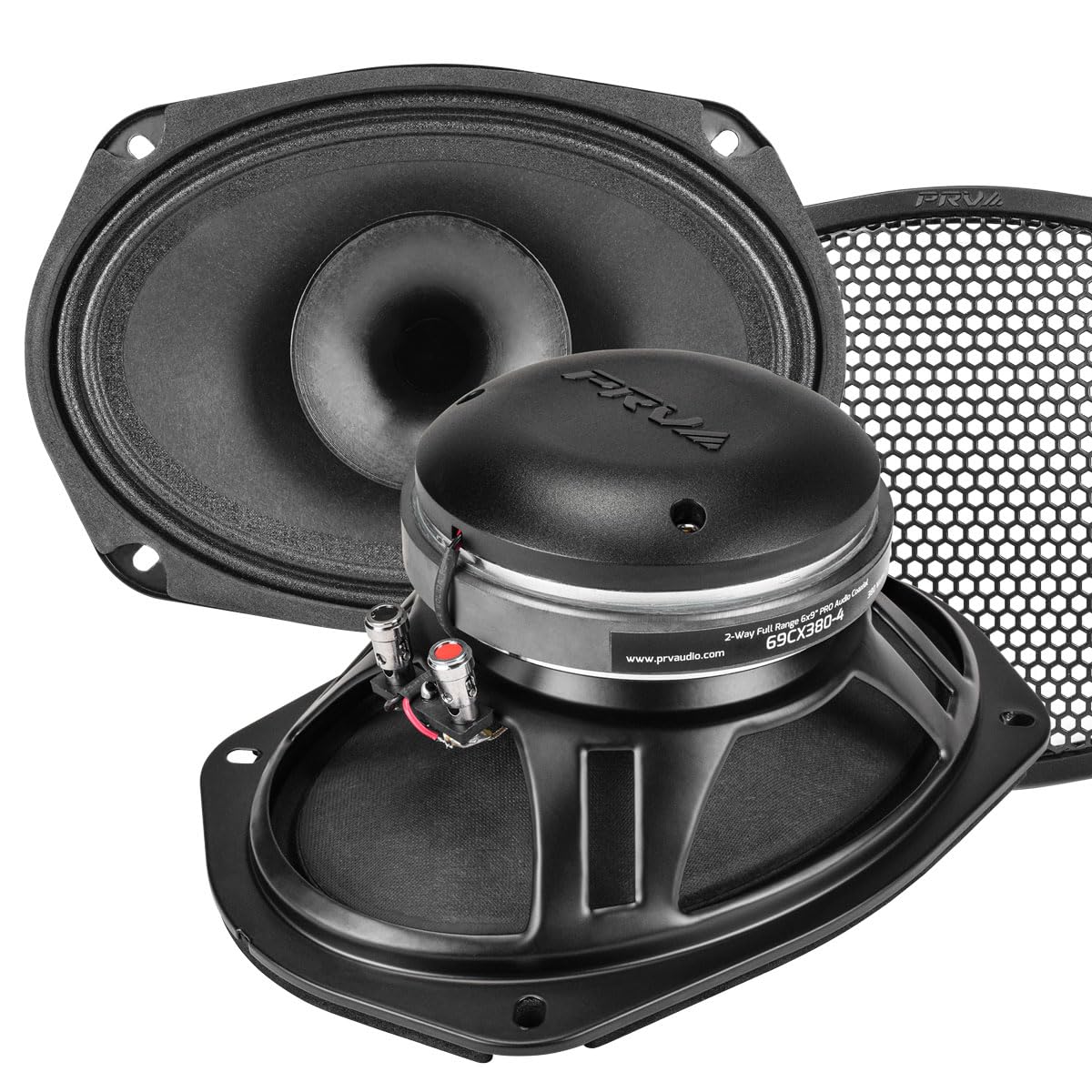 PRV AUDIO 69CX380-4 Slim 6x9 coaxial speaker with built-in tweeter for clear car audio.