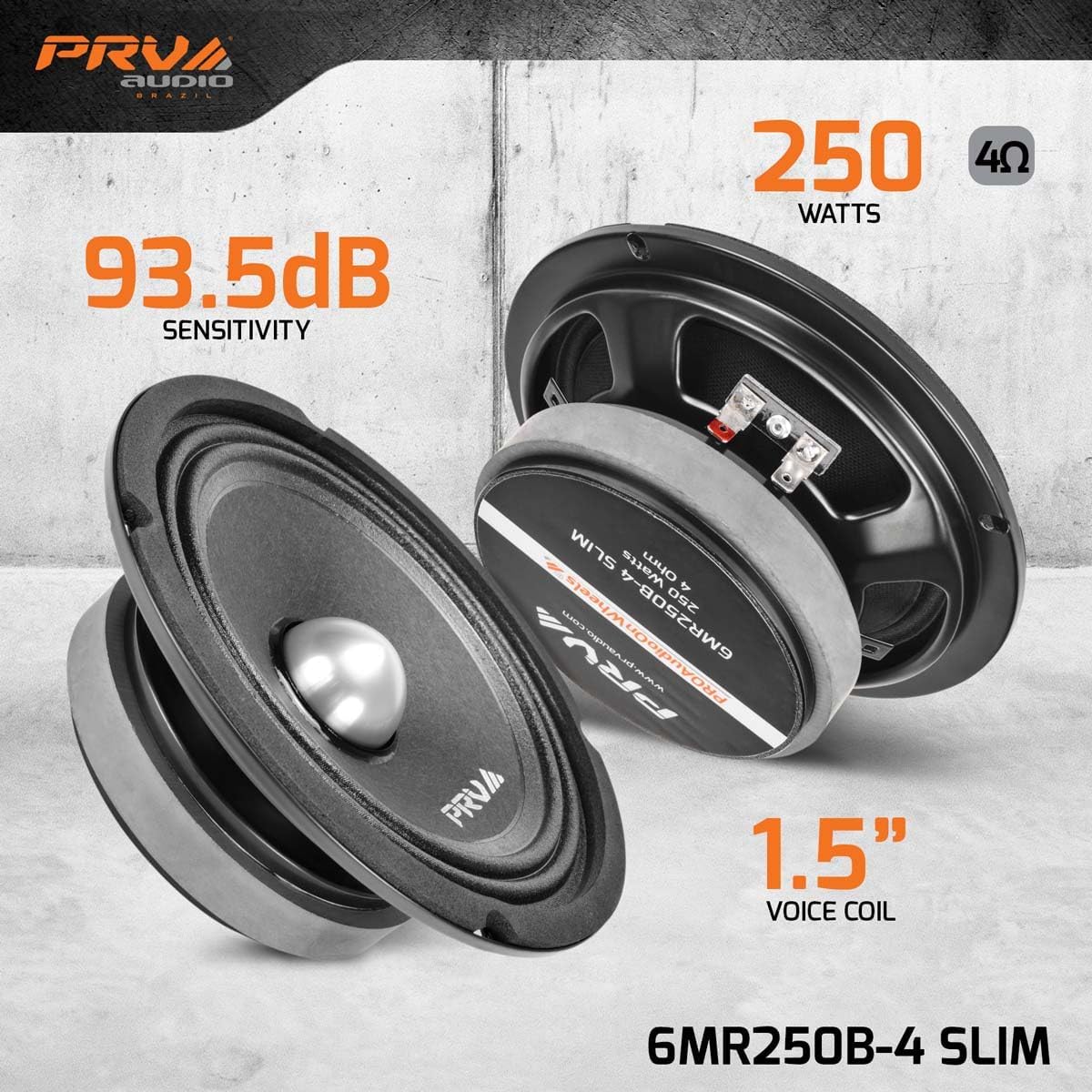 PRV AUDIO side profile highlighting 2.14 inch shallow mounting depth for tight door cavities