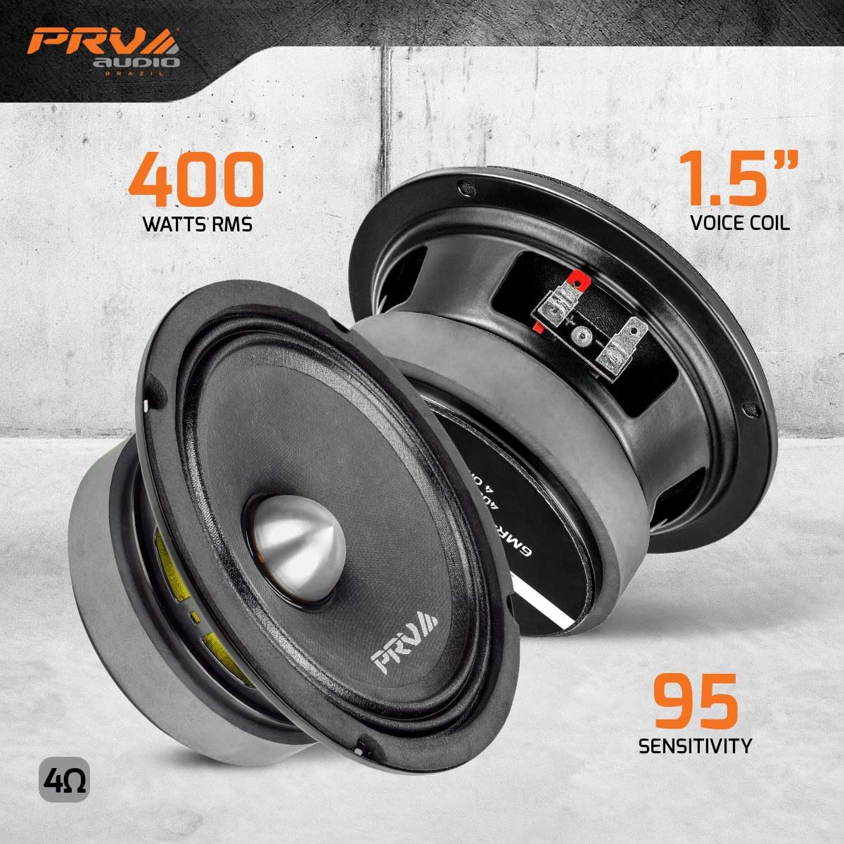 PRV AUDIO 6MR400-4 4-ohm pair shown in a car audio context for high output