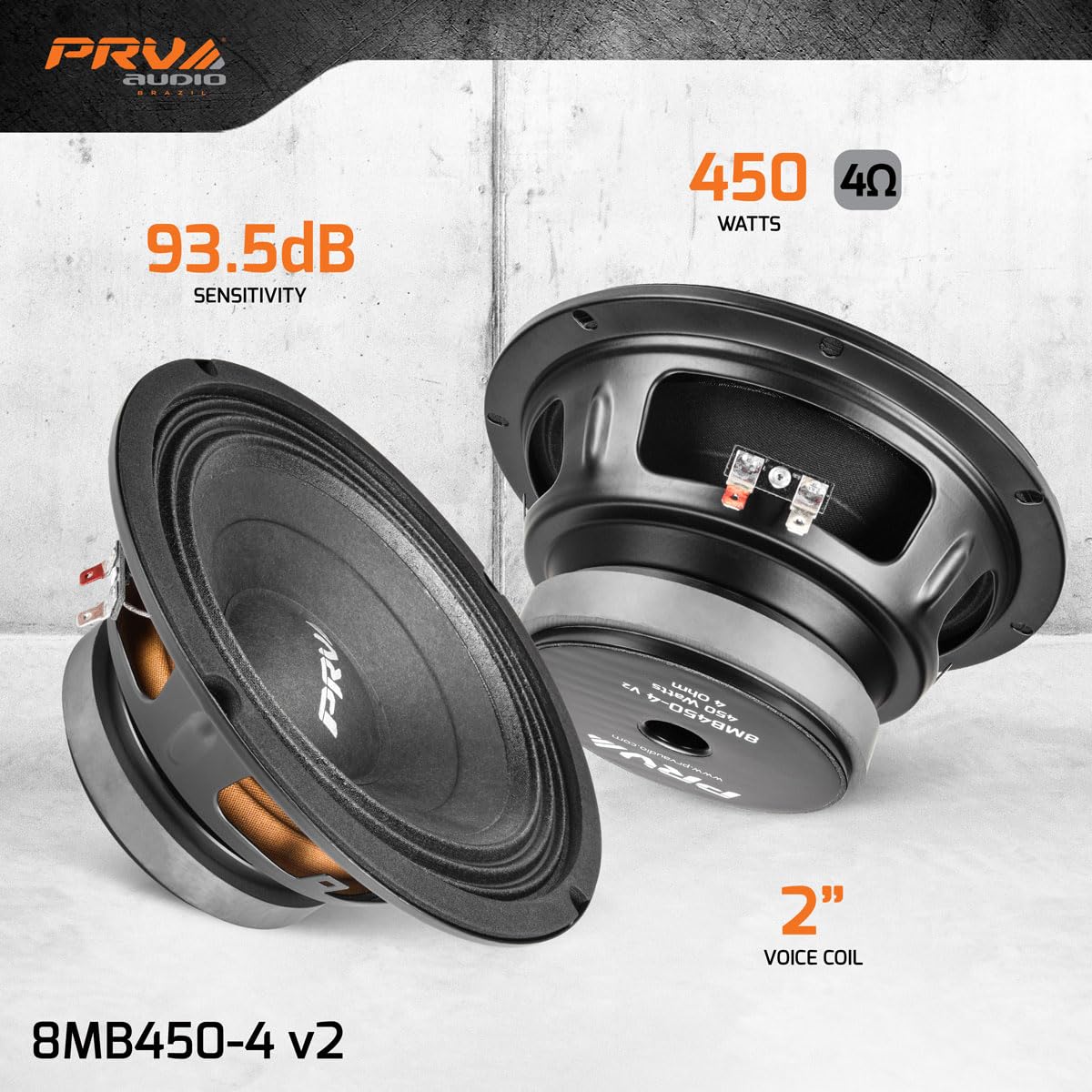 PRV AUDIO side profile of 8MB450-4 v2 speaker showing basket depth for installation fitment
