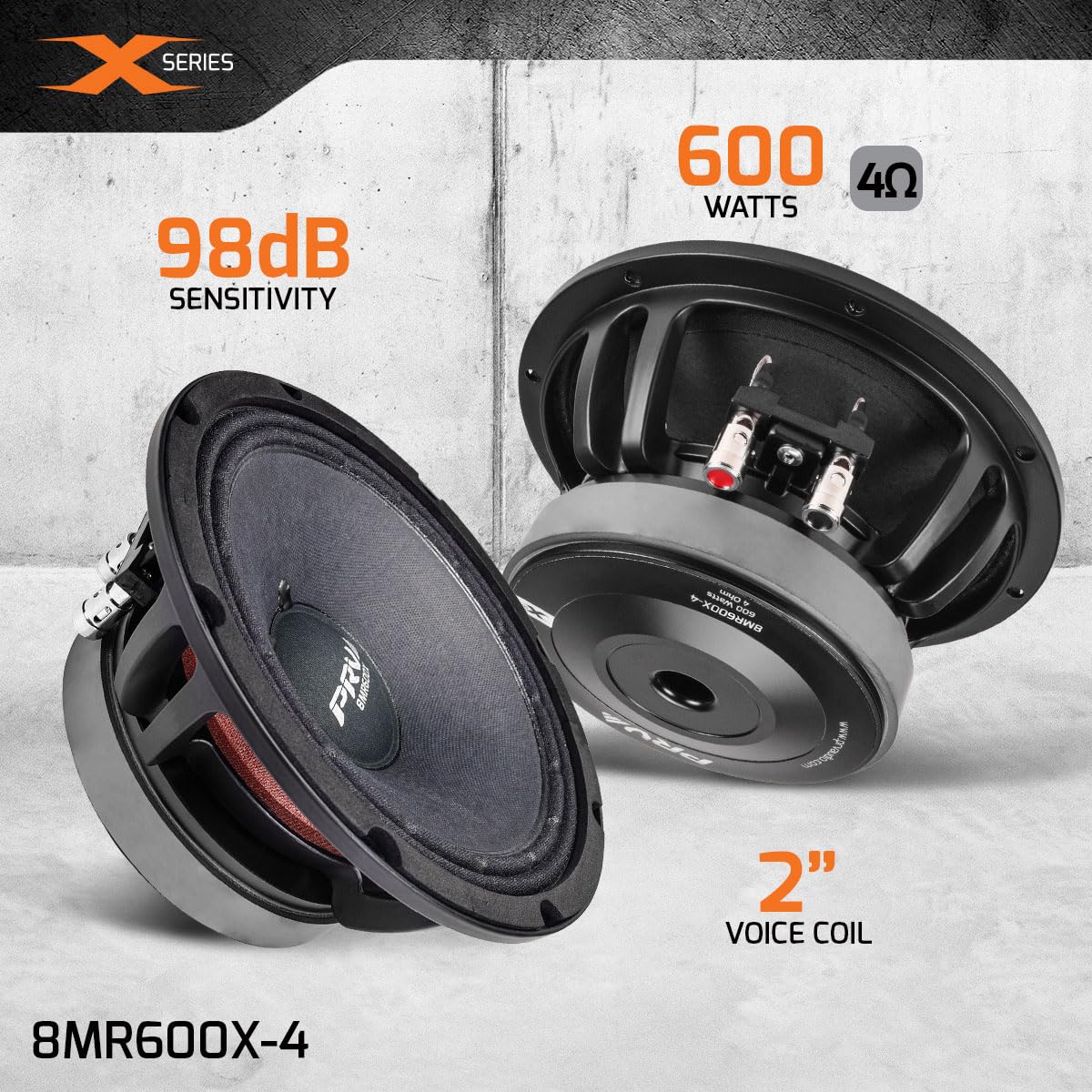 PRV Audio 8MR600X-4 voice coil detail highlights robust 2 inch CCAW