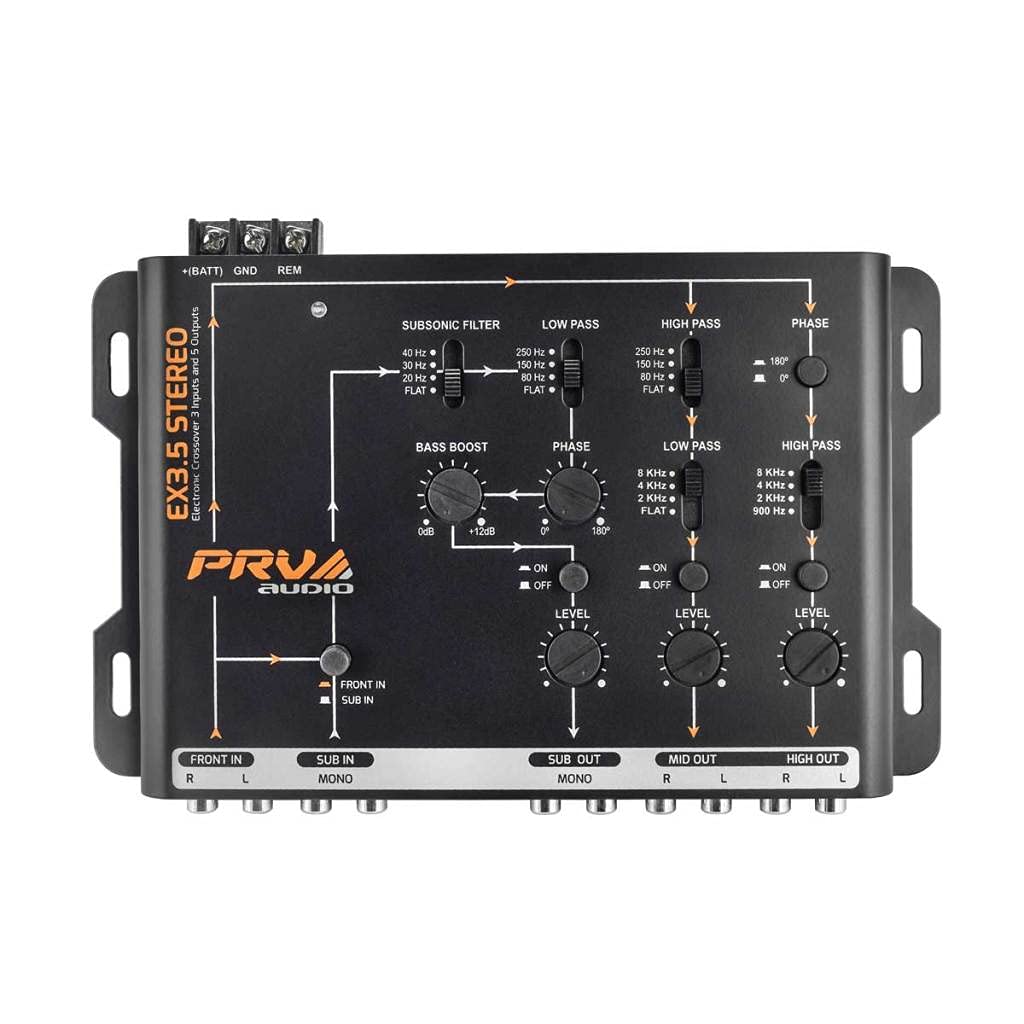 PRV AUDIO EX3.5 offers adjustable high-pass, low-pass, and sub boost for precise tuning.