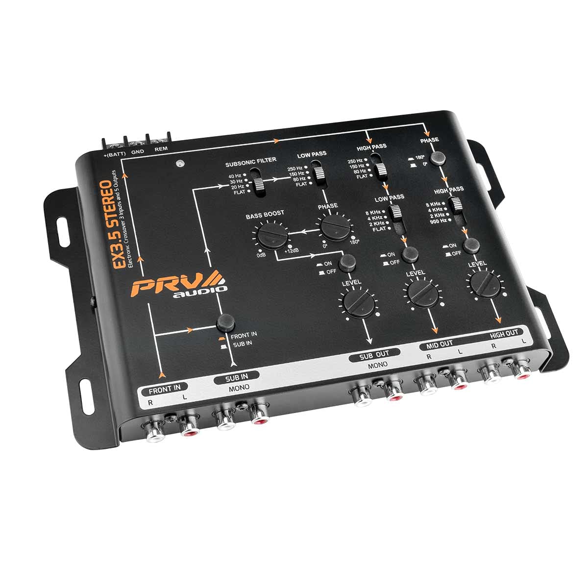 PRV AUDIO EX3.5 crossover front panel with adjustable filters for tailored car sound.