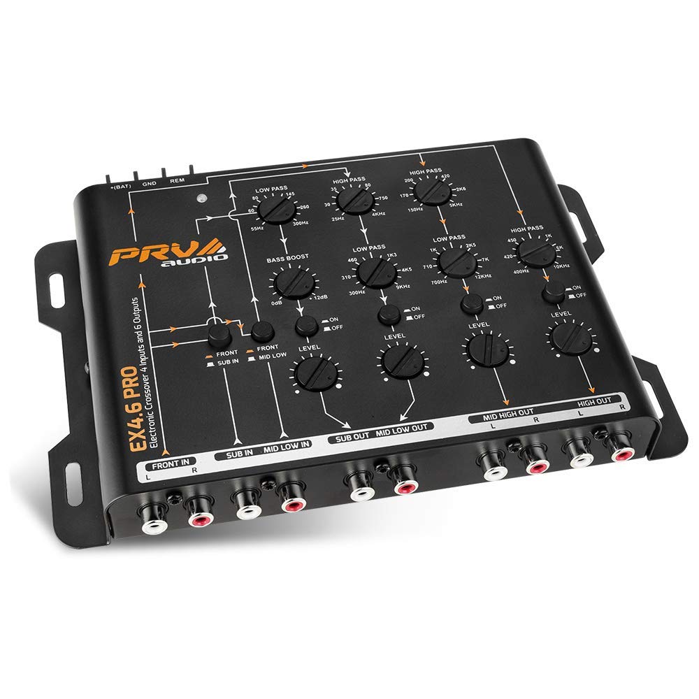 PRV Audio EX46 Pro front panel with tuning controls for precise crossover setup.