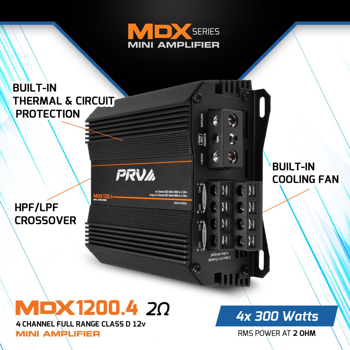 PRV Audio MDX1200.4 side profile emphasizes slim footprint.