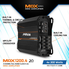 PRV Audio MDX1200.4 side profile emphasizes slim footprint.
