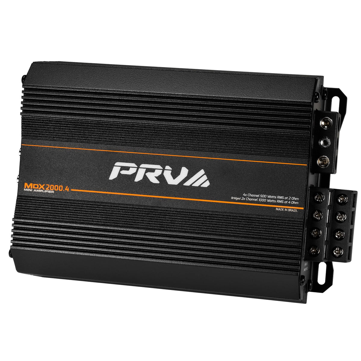 PRV Audio MDX2000.4 front view powering four speakers at 2 ohms for high efficiency