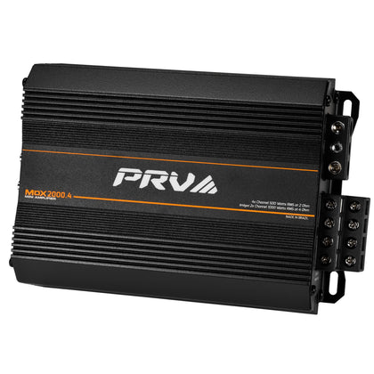 PRV Audio MDX2000.4 front view powering four speakers at 2 ohms for high efficiency