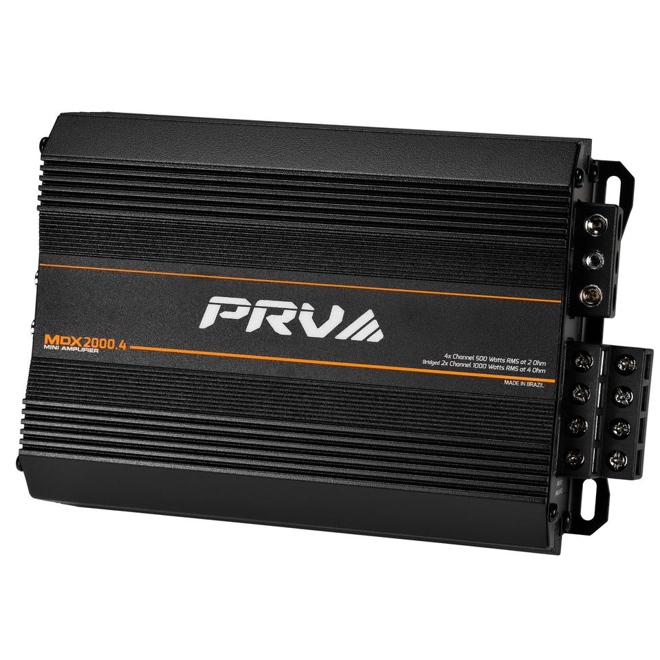 PRV Audio MDX2000.4 front view powering four speakers at 2 ohms for high efficiency