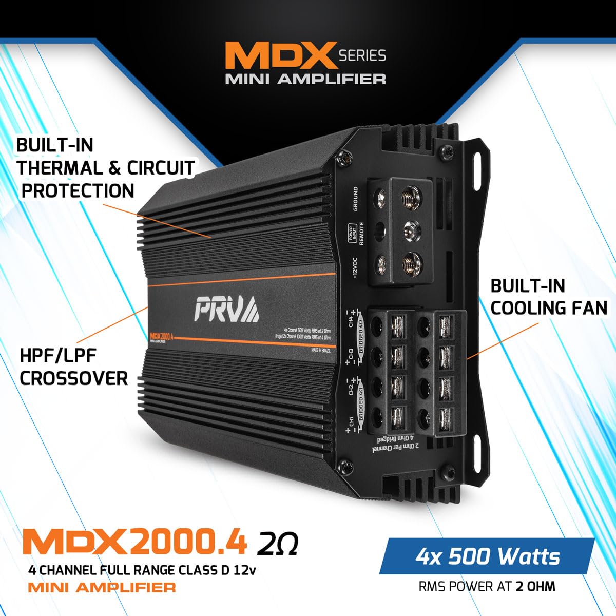 MDX2000.4 heat sink close-up illustrating durable mini cooling design