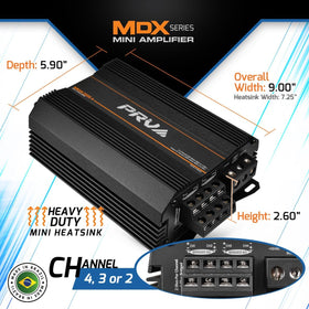 PRV Audio MDX2000.4 rear connection showing bridge-ready terminals for bridged output
