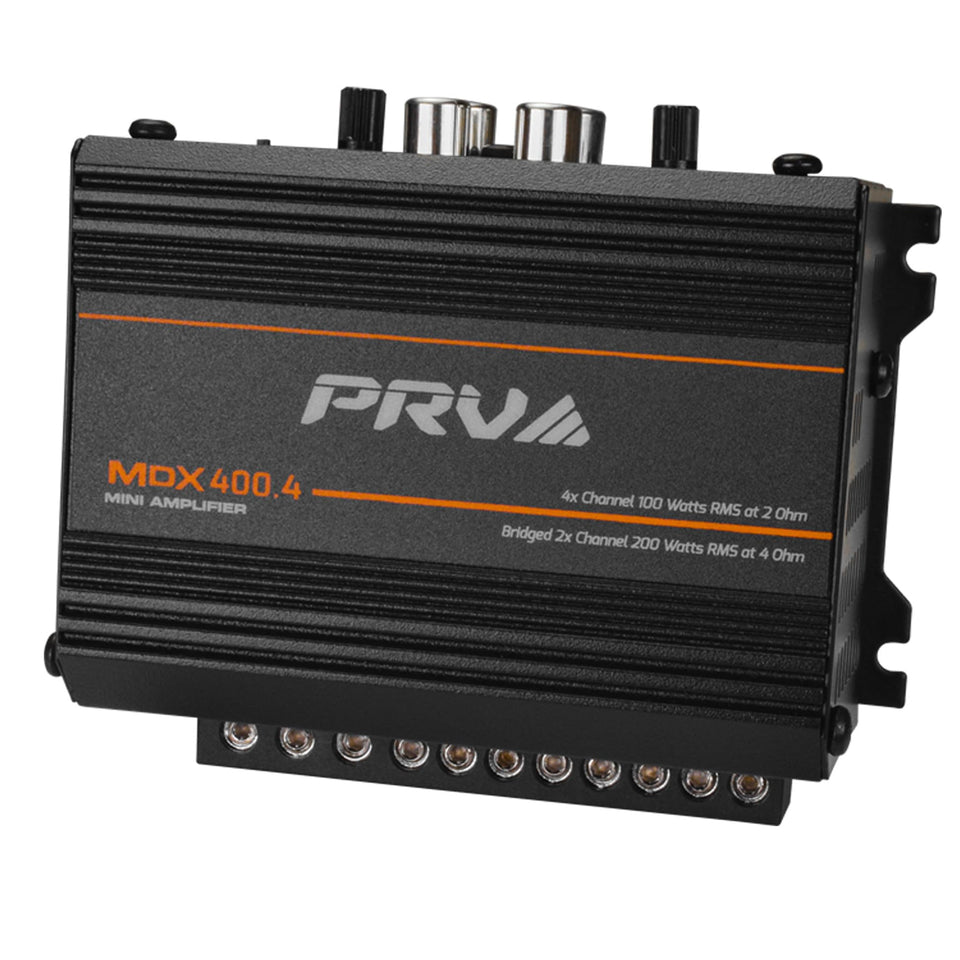PRV Audio MDX400.4 front view showing compact four-channel amp for tight dashboards