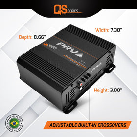 PRV Audio QS3000 back panel featuring robust connections for 2 Ohm and 4 Ohm setups