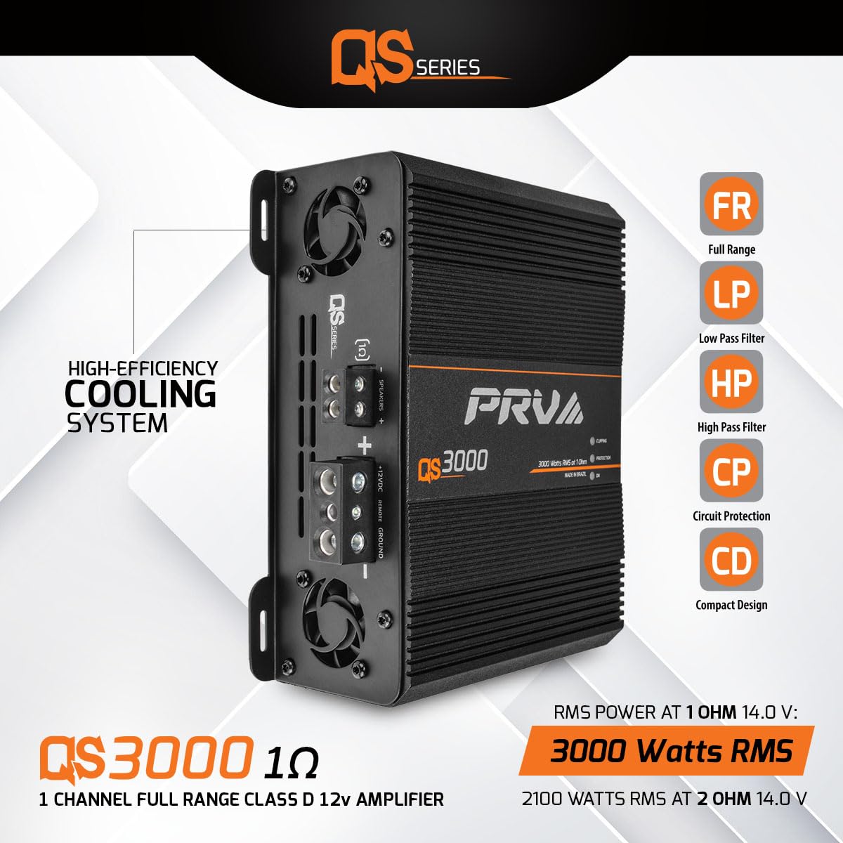 PRV Audio QS3000 top panel showing built-in HPF/LPF and status LEDs.