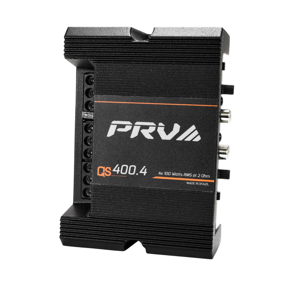 PRV Audio QS400.4 compact amplifier front view for boosted car audio.