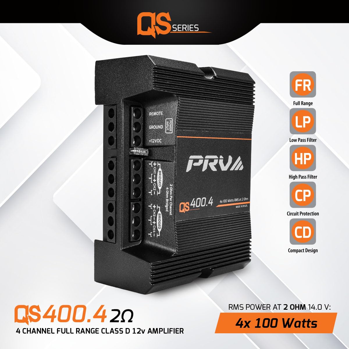 PRV Audio QS400.4 top panel highlights slim chassis for easy installation.