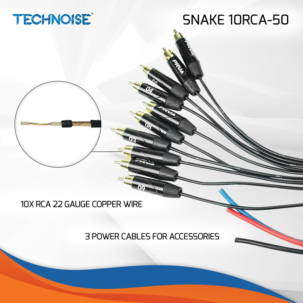 PRV AUDIO Snake 10RCA-50 power conductors photo shows 3 copper lines for strong conductivity.
