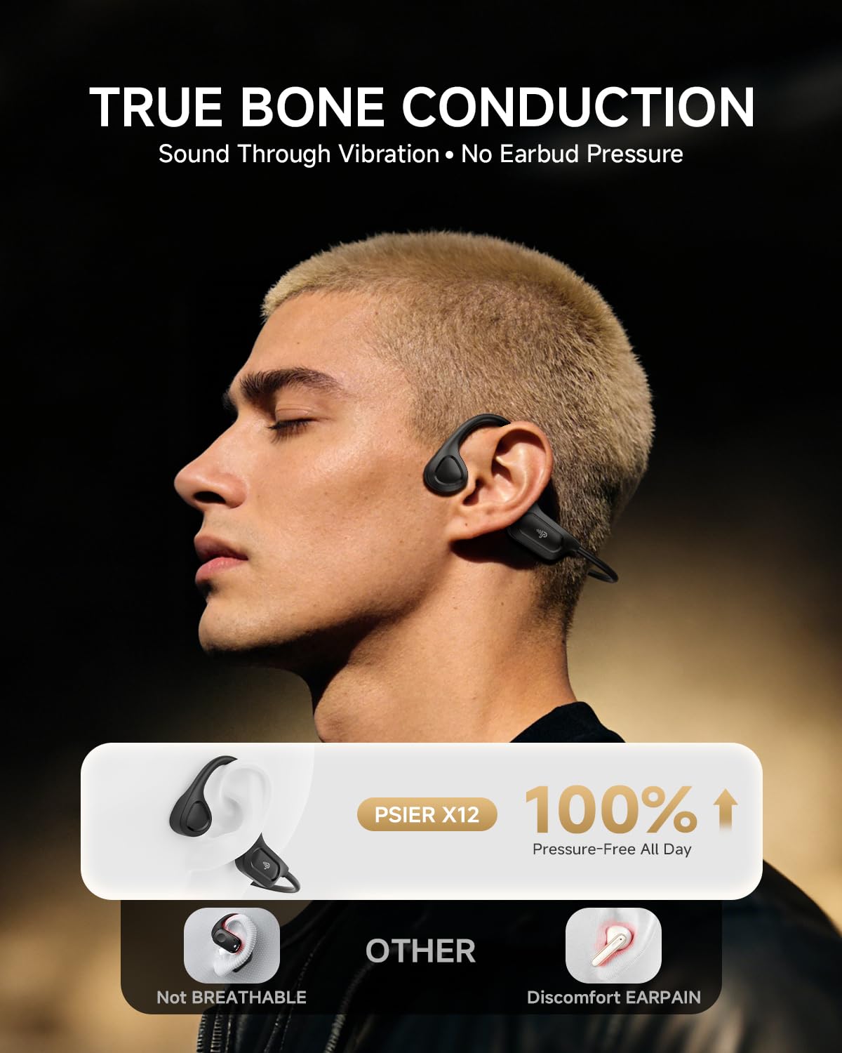 PSIER close-up of bone conduction driver and memory-titanium frame highlighting detail