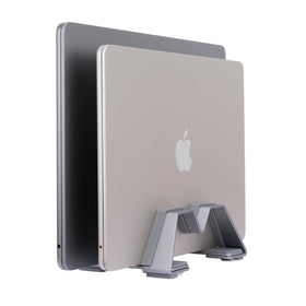Psitek dual vertical laptop stand front view highlighting adjustable width for fit any laptop.