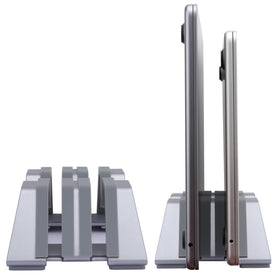 Psitek dual vertical laptop stand side view showing two adjustable slots for two devices.