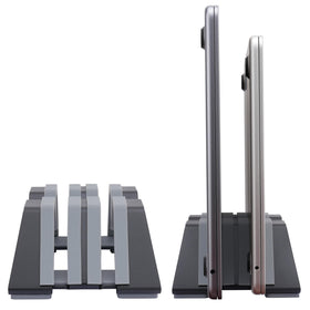 Psitek dual vertical laptop stand with two slots for secure, space-saving storage.