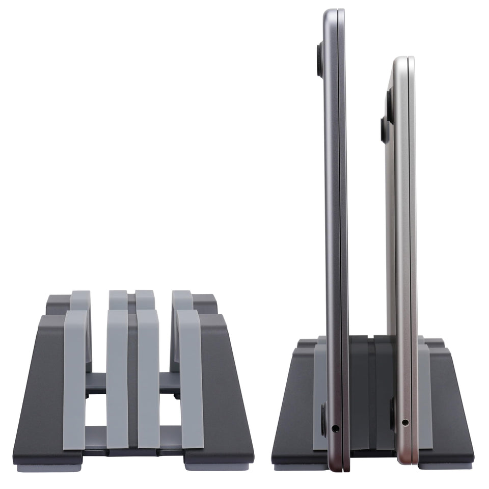 Psitek dual vertical laptop stand with two slots for secure, space-saving storage.