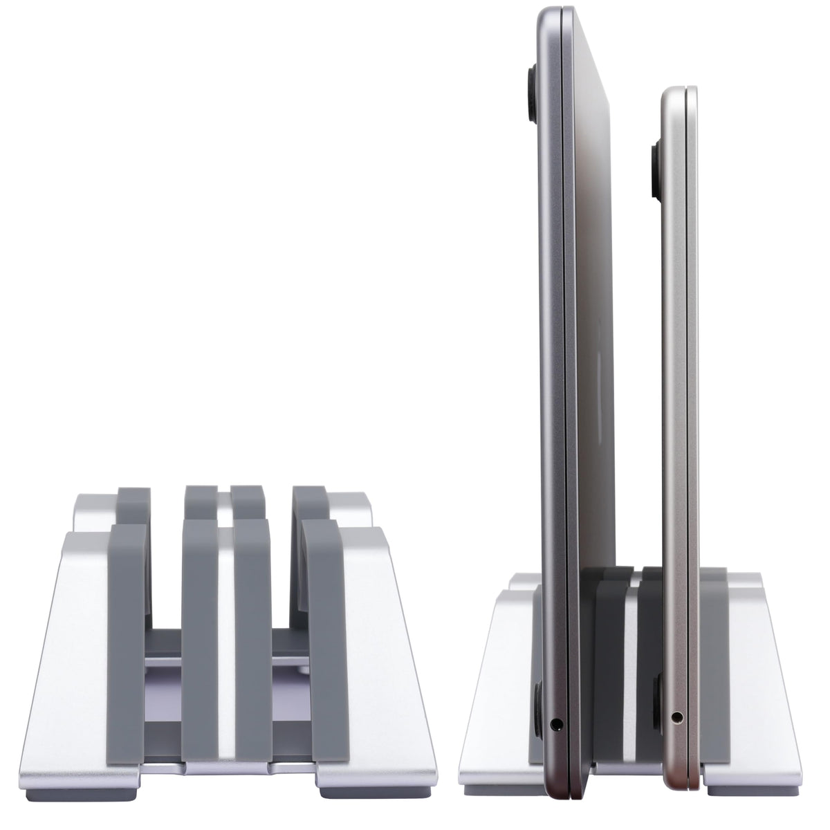 Psitek dual vertical laptop stand with two slots for space-saving storage.