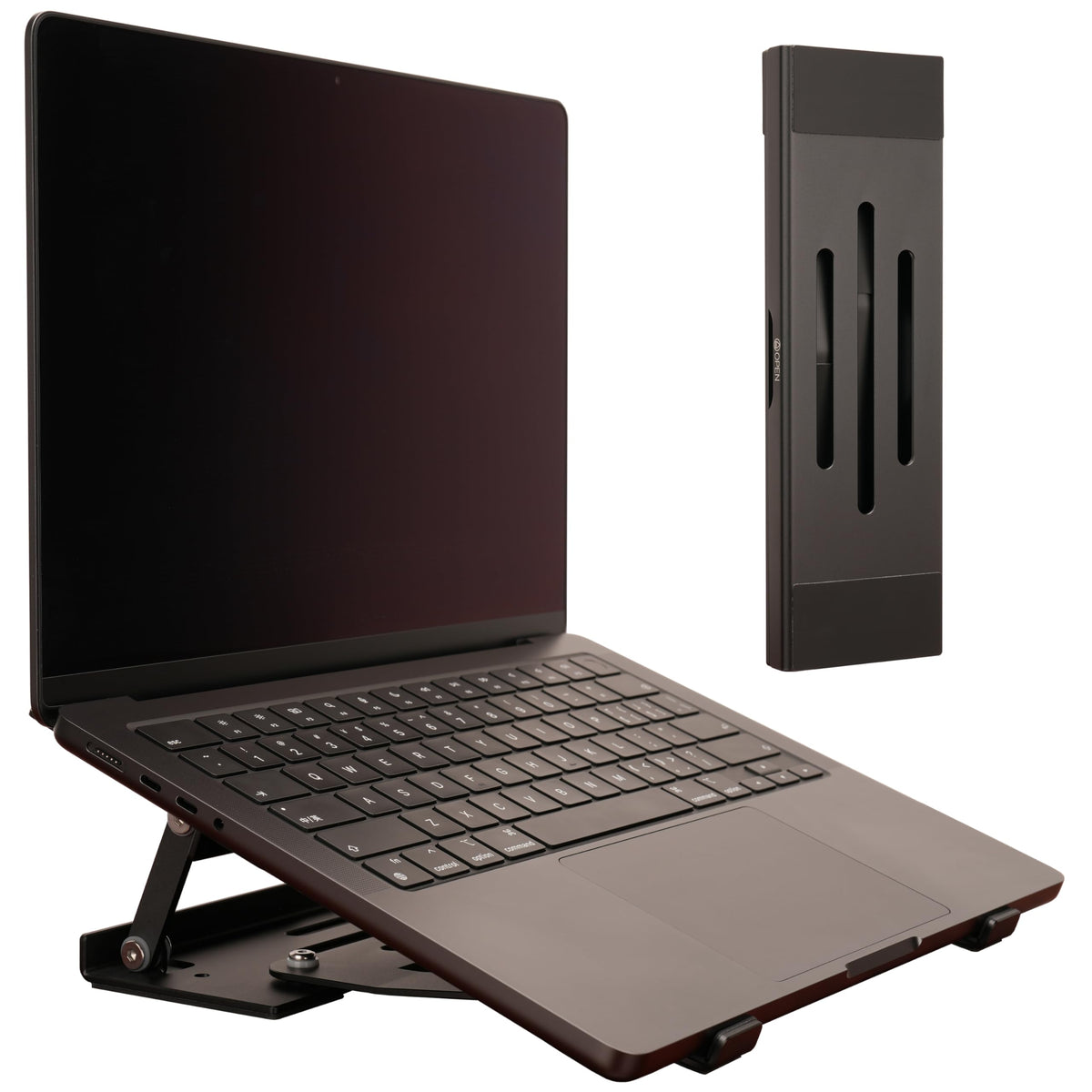 Psitek Fold & Flow open stand showing ergonomic height adjustment for laptops
