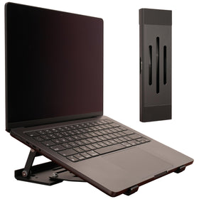 Psitek Fold & Flow open stand showing ergonomic height adjustment for laptops