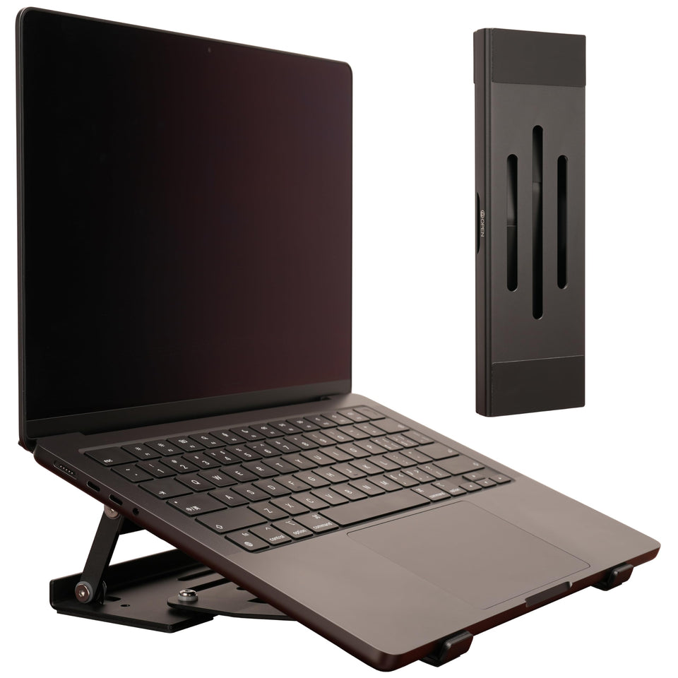 Psitek Fold & Flow open stand showing ergonomic height adjustment for laptops