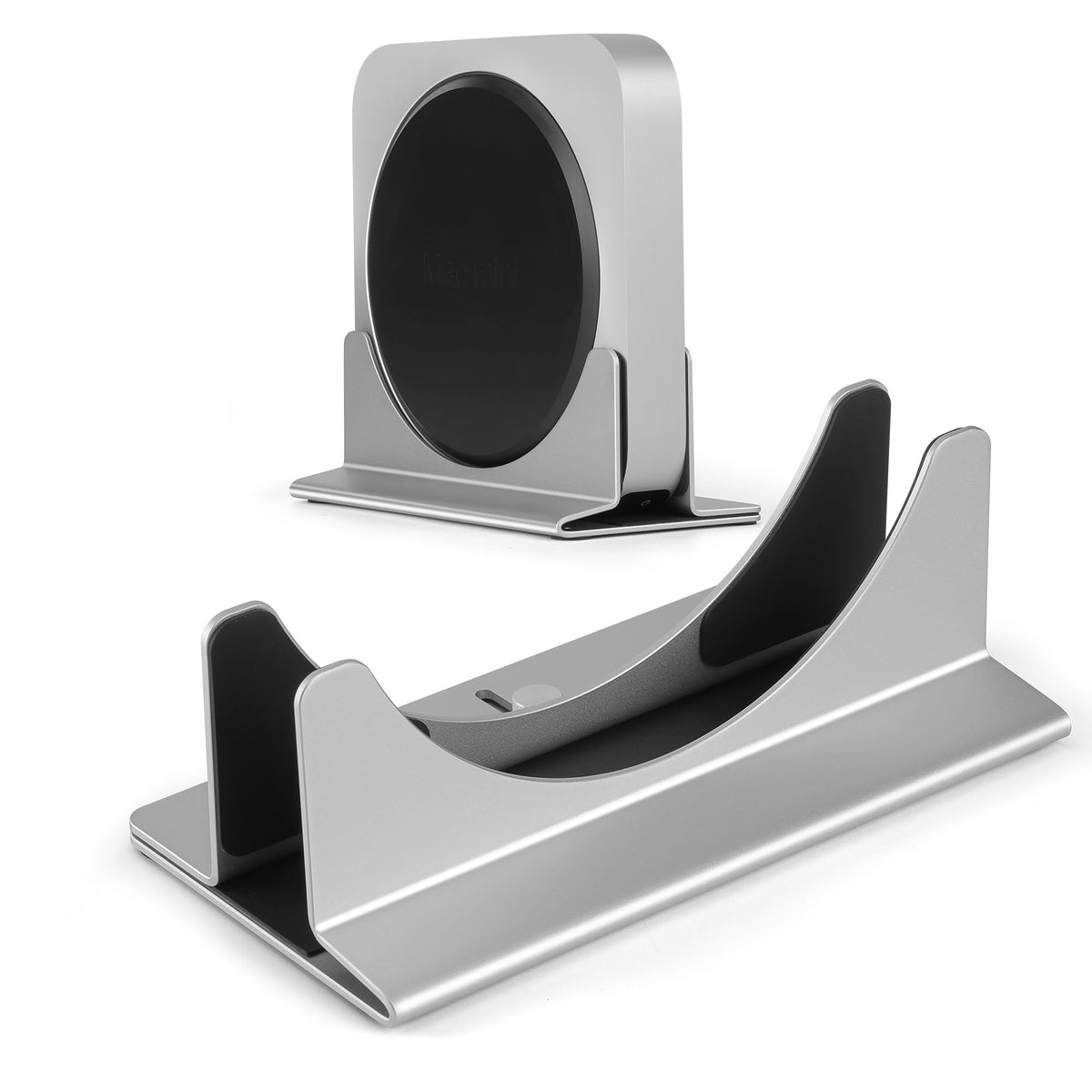 Psitek Mac Mini Stand angled view showing secure, scratch-free placement.