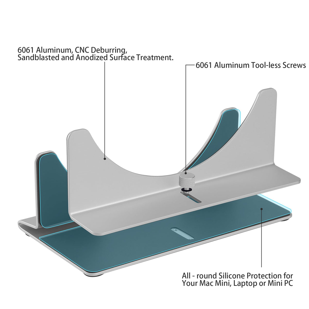 Psitek Mac Mini Stand side profile highlighting adjustable width for devices.