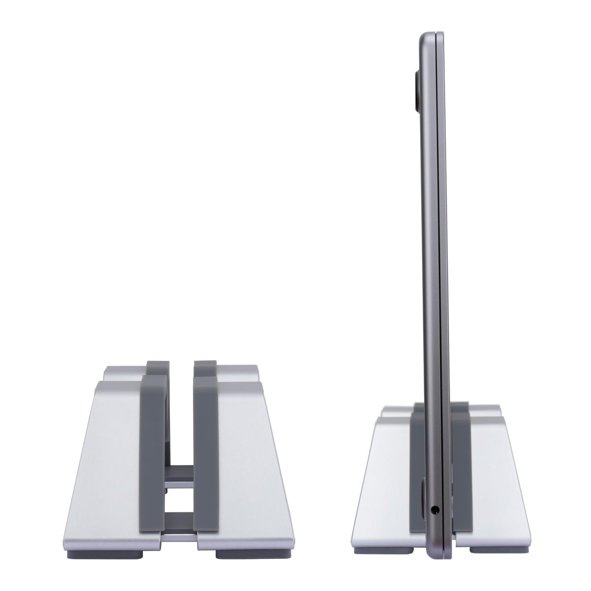 Psitek front profile showing slim aluminum stand and stable laptop support benefit