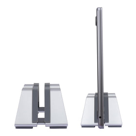 Psitek front profile showing slim aluminum stand and stable laptop support benefit