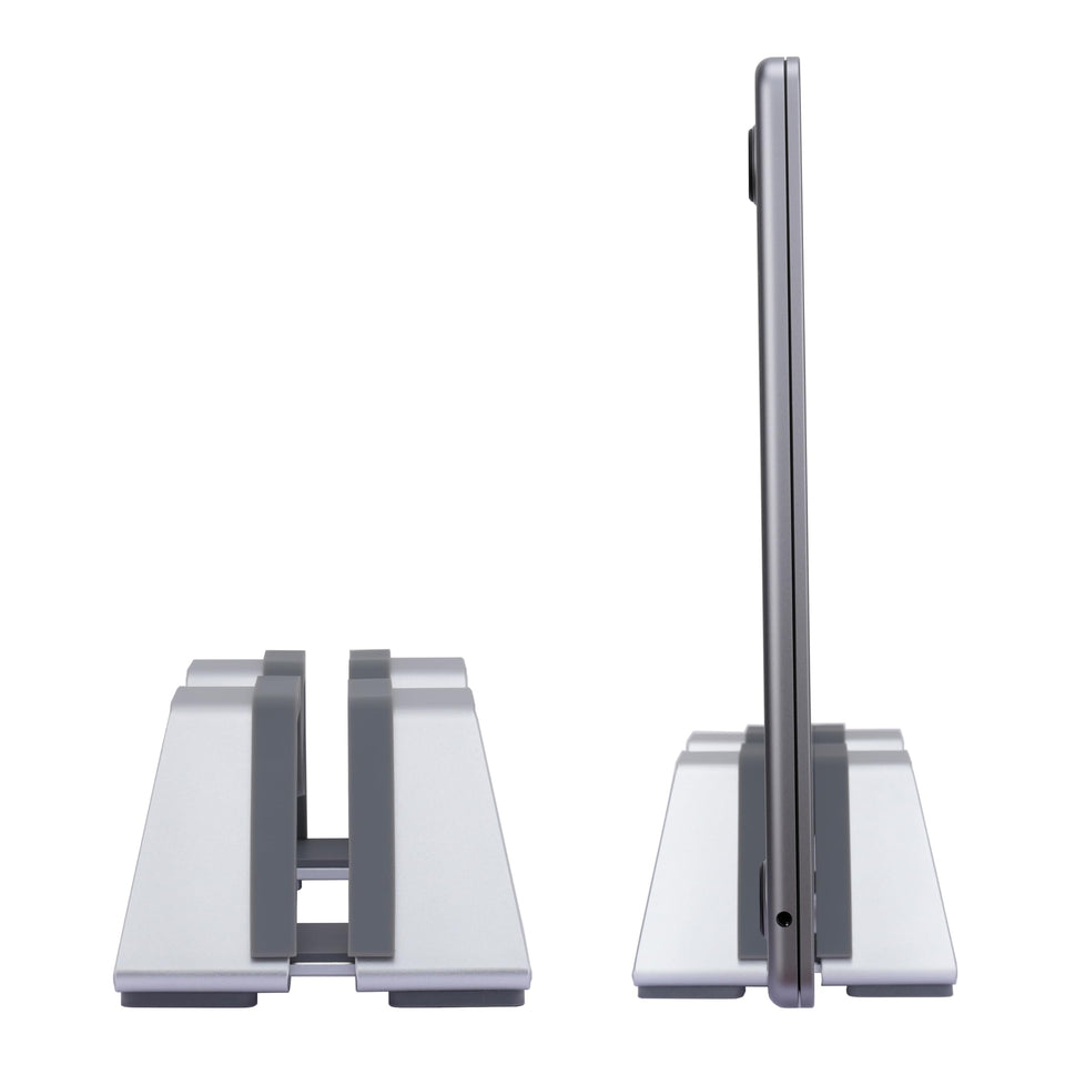 Psitek front profile showing slim aluminum stand and stable laptop support benefit