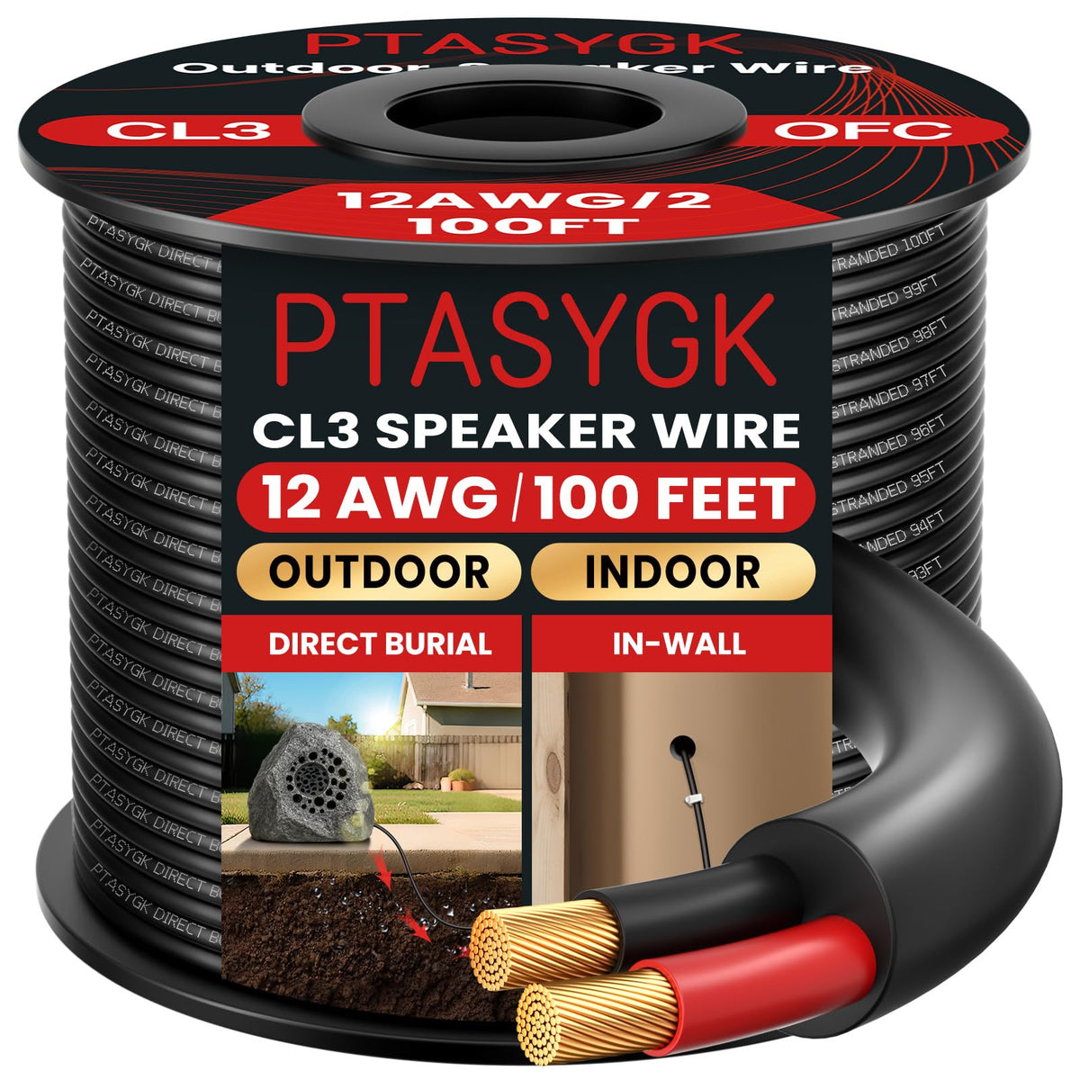 PTASYGK 12-gauge OFC outdoor speaker wire 100ft for durable outdoor installs