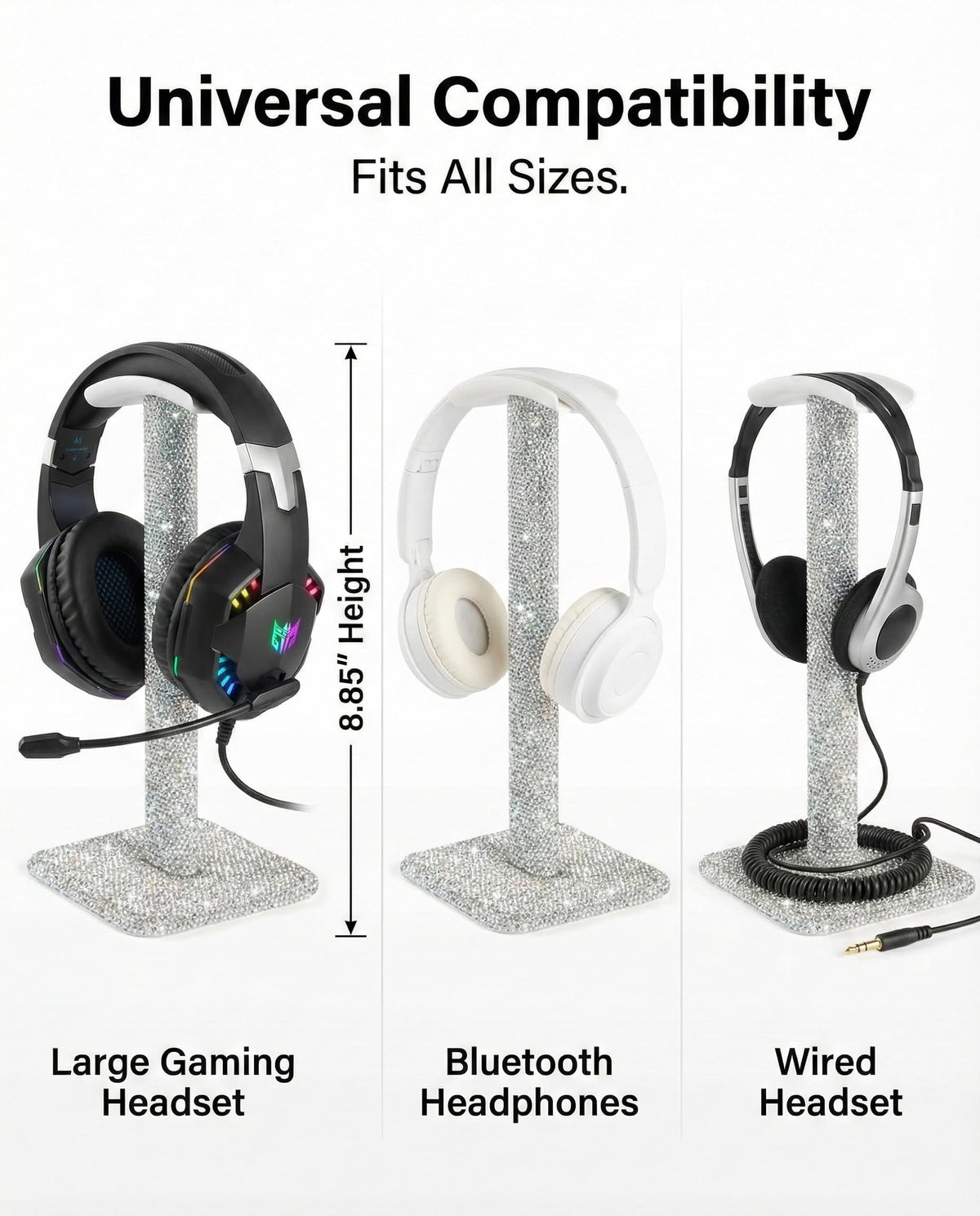 Pulchrum rhinestone headphone stand displays headphones neatly on desk.