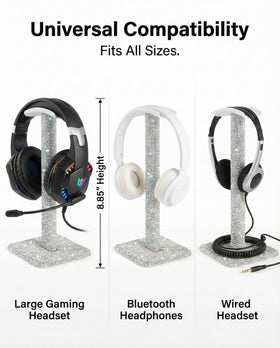 Pulchrum rhinestone headphone stand displays headphones neatly on desk.