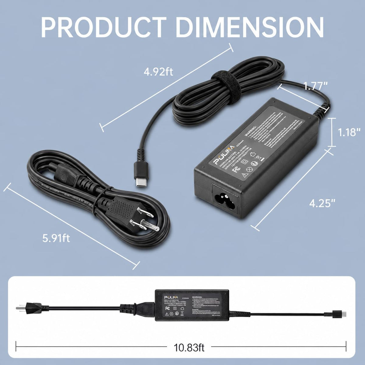 PULINA 65W USB-C charger supports 100-240V worldwide voltage for travel.