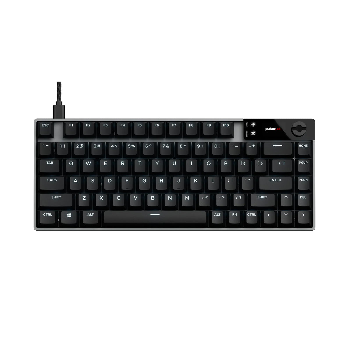 Pulsar eS HE 70 keyboard top view highlighting 8K scan rate for rapid input