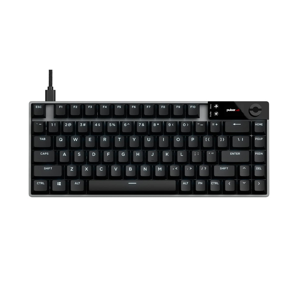 Pulsar eS HE 70 keyboard top view highlighting 8K scan rate for rapid input